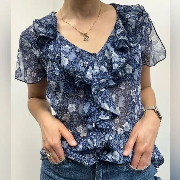 Y2K Oscar De La Renta Blue Floral Ruffle Short Flutter Sleeve Blouse Size 8 - Picture 6 of 14